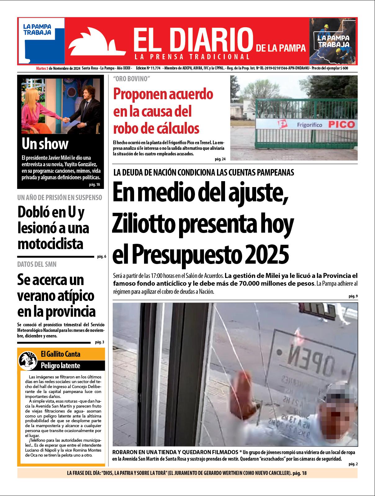 Tapa de El Diario en papel  martes 05 de noviembre de 2024